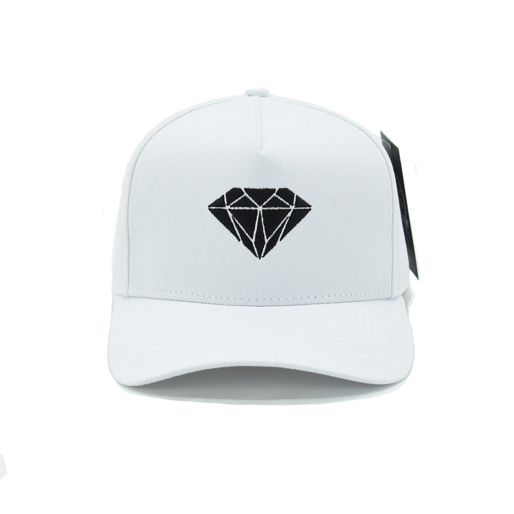 Iced Out White Baseball Cap with Black Diamond